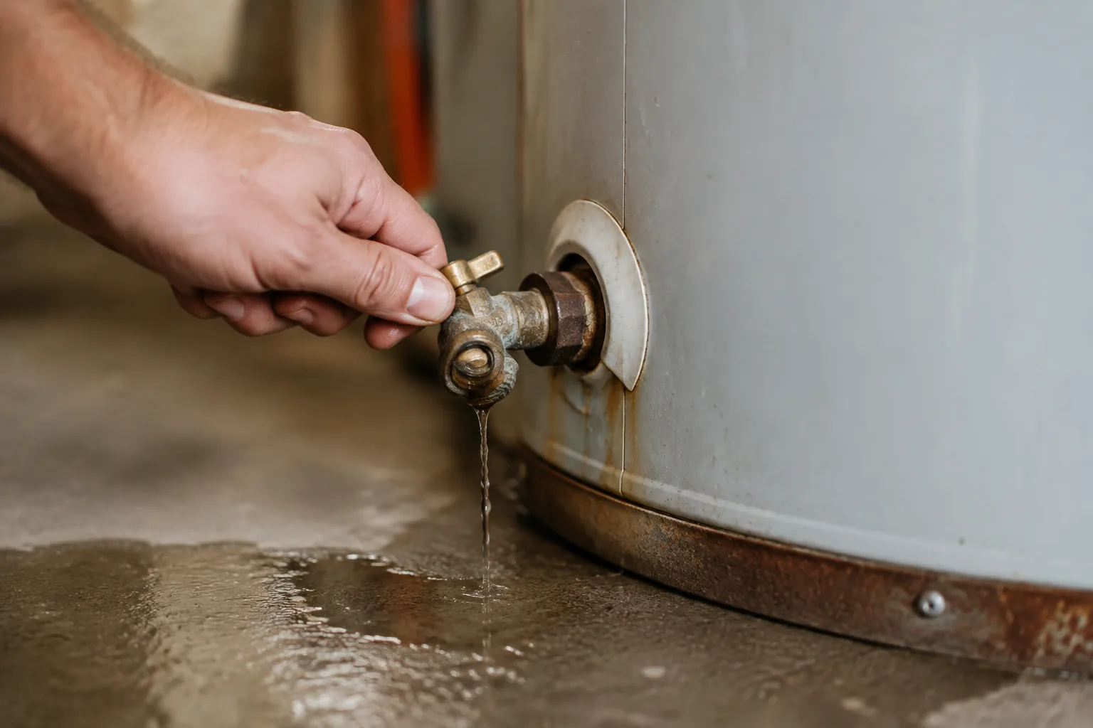 Sediment-laden hot water draining from a water heater into a bucket