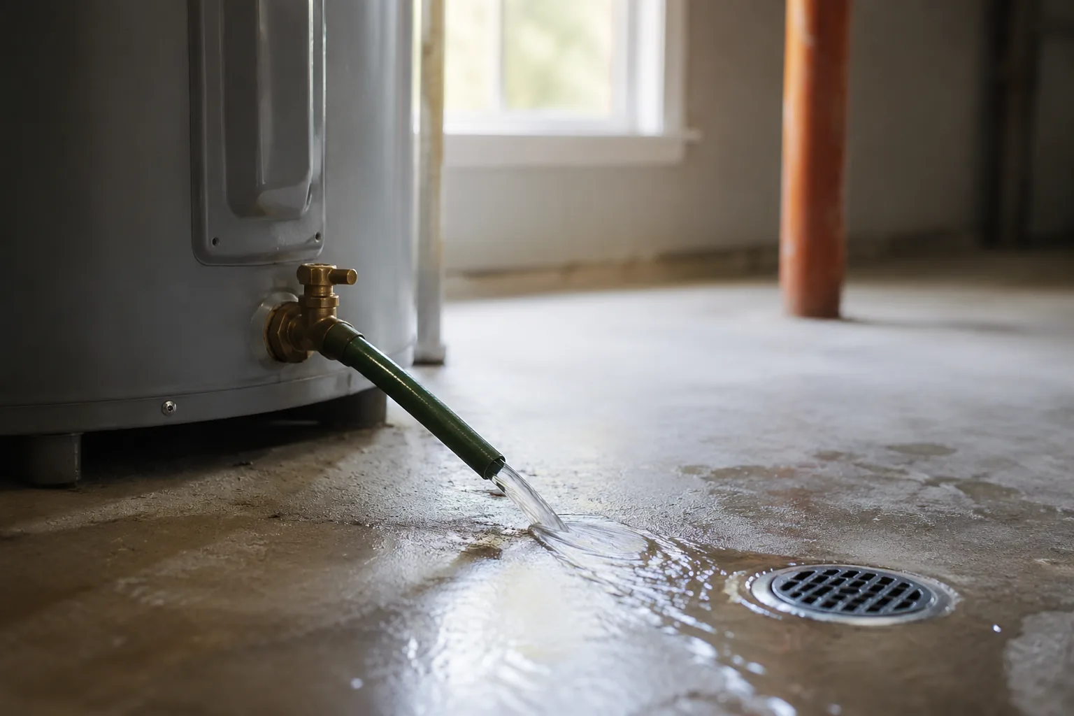 Draining a water heater through a garden hose attached to the bottom drain valve