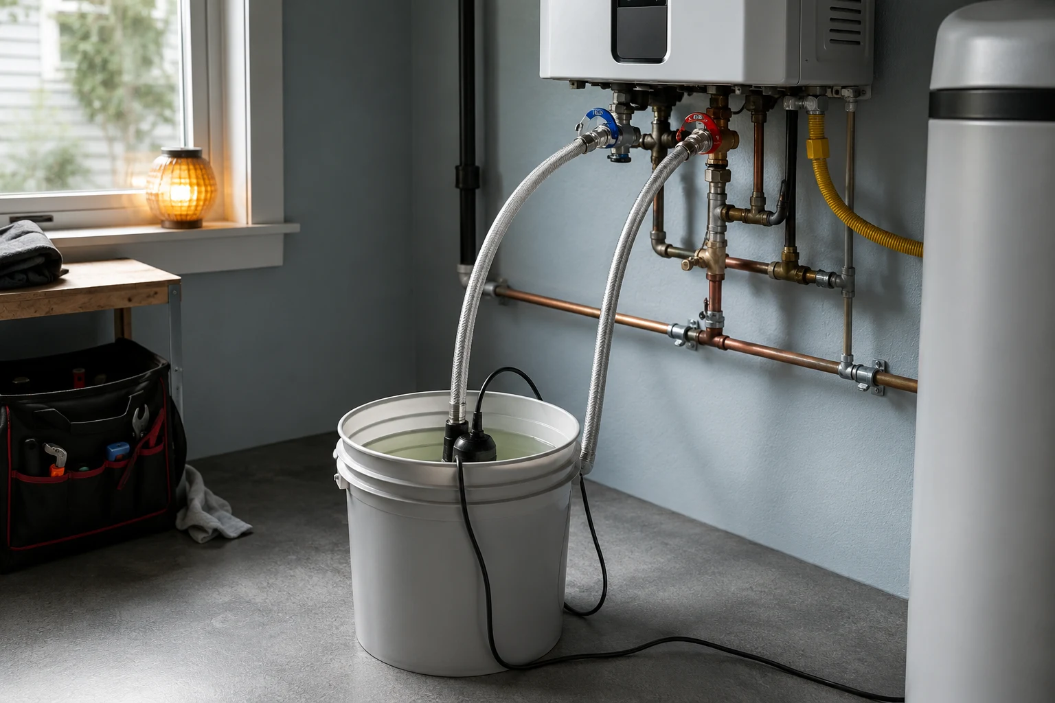 A submersible pump sitting in a 5-gallon bucket of descaling solution with two braided hoses connected to the color-coded hot and cold isolation service valves on a wall-mounted tankless water heater, the setup used to circulate vinegar through the heat exchanger