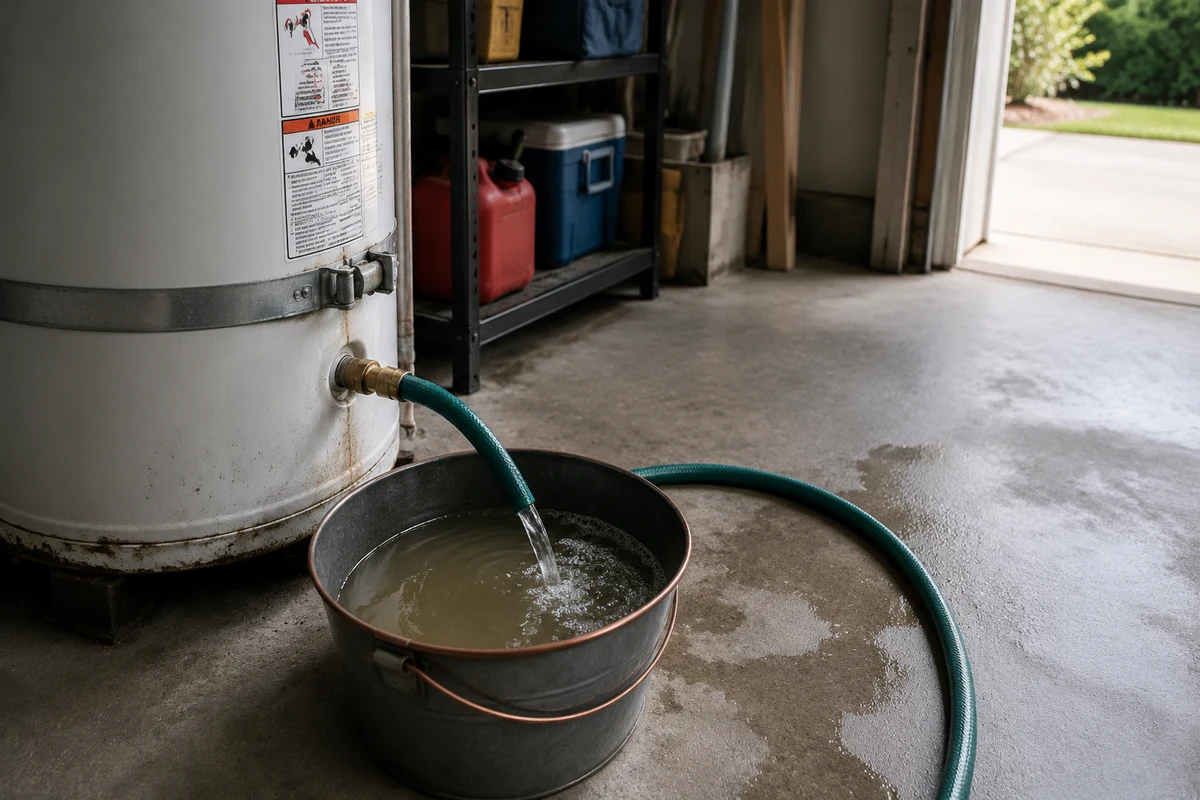 Sediment-laden water draining from a water heater into a bucket