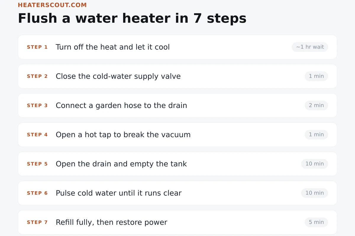 Flushing a water heater with a garden hose on the drain valve