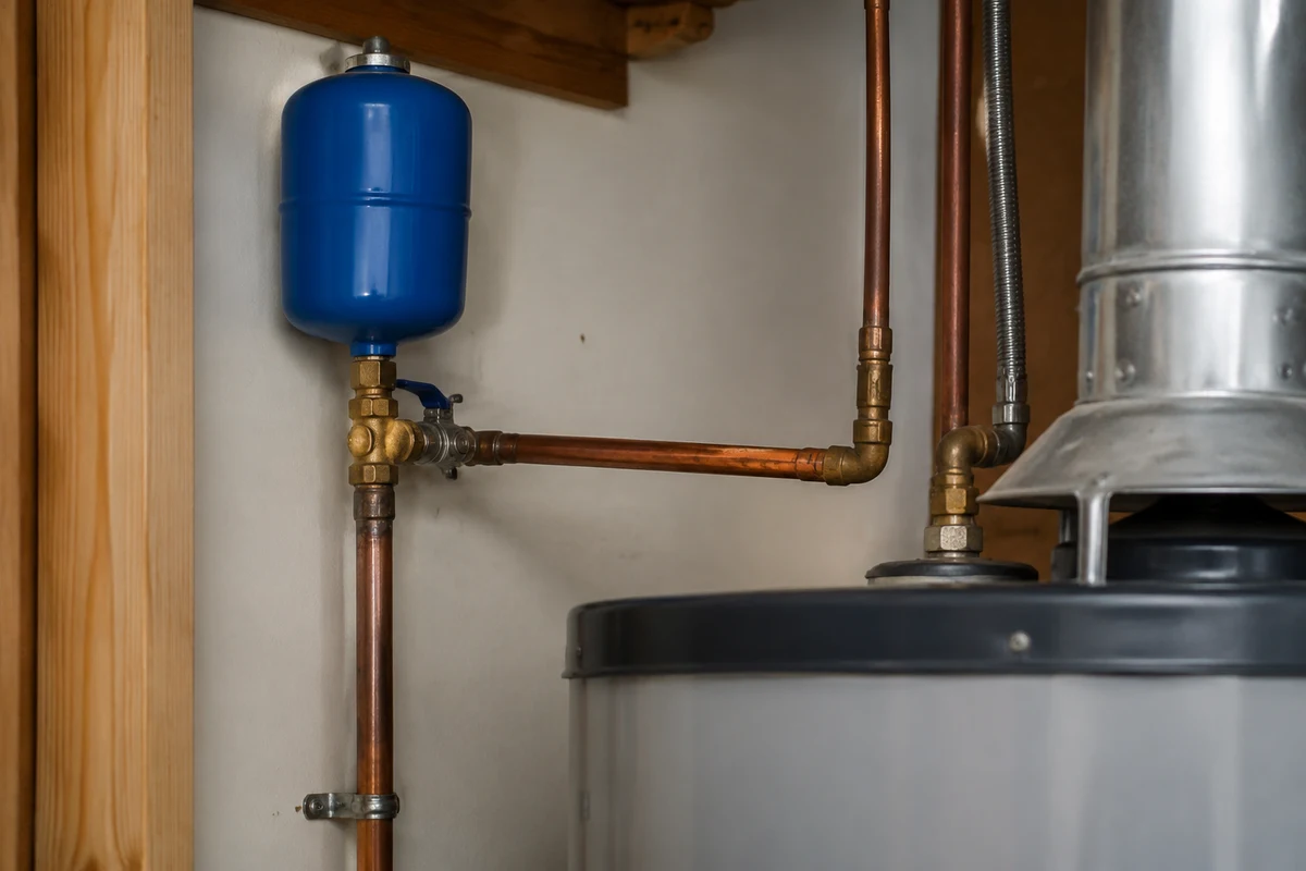 Blue thermal expansion tank teed into the copper cold water line above a water heater