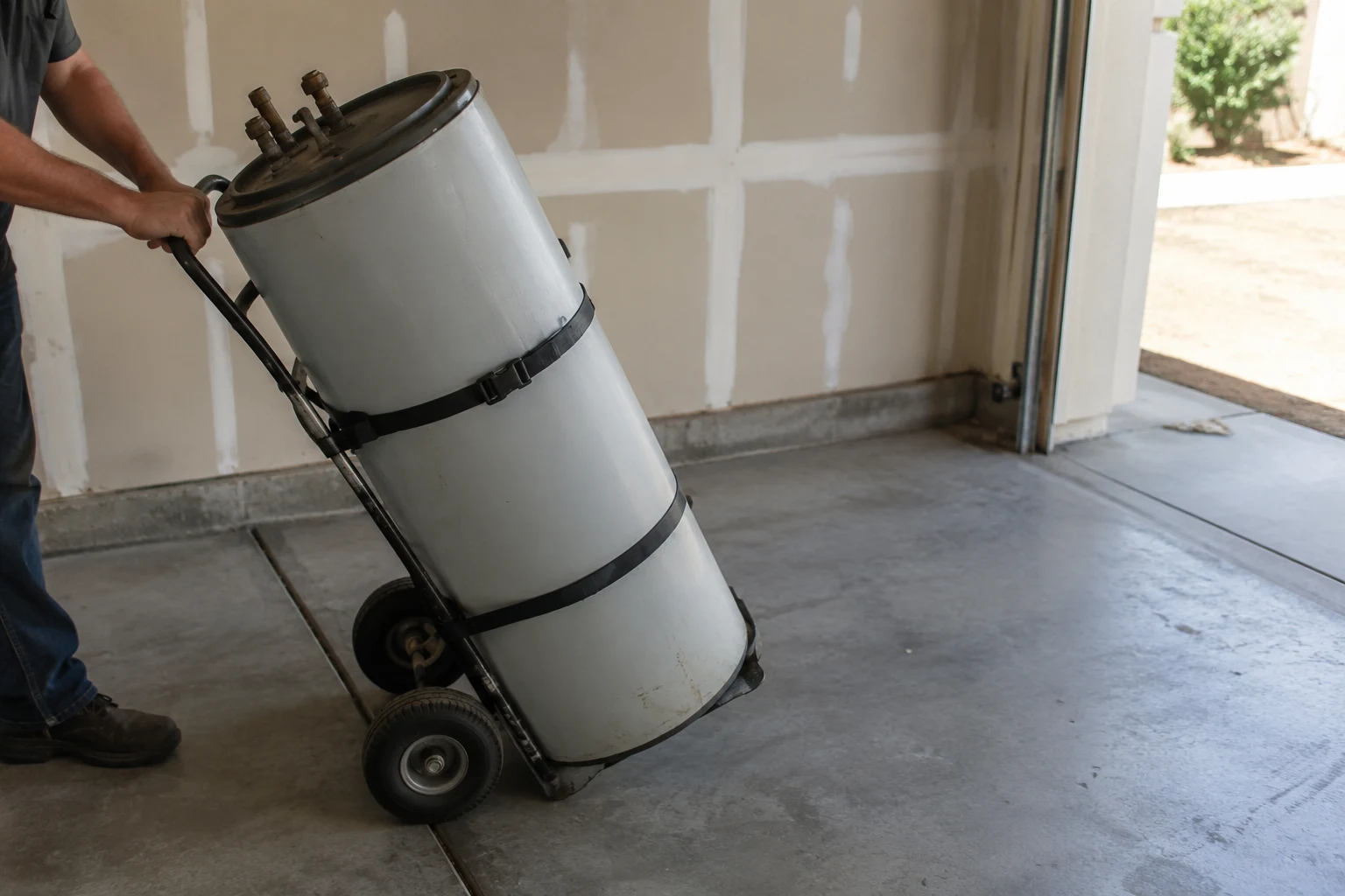 An empty water heater strapped upright on an appliance dolly being rolled across a garage to a new location