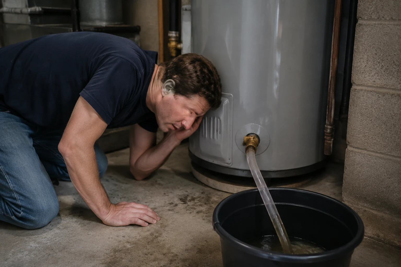 Garden hose connected to a water heater drain valve running gray sediment-laden water into a floor drain