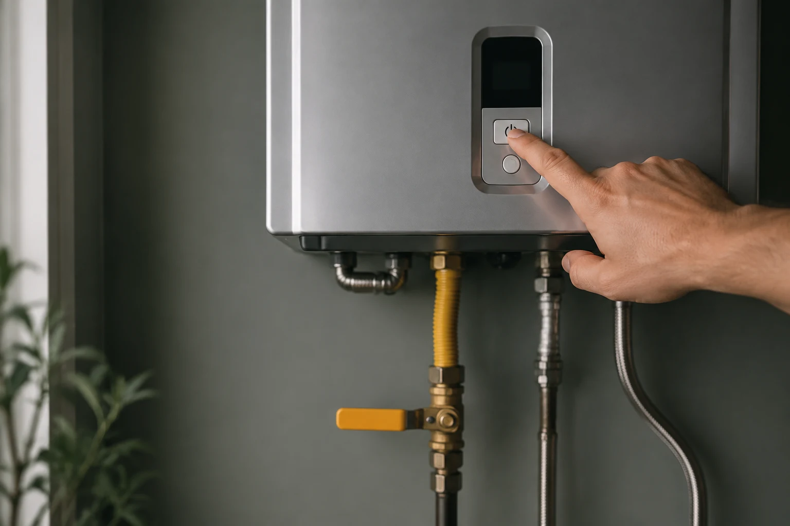 Outdoor vent termination and air intake of a gas tankless water heater partly blocked by ice and snow in winter, the kind of blockage that stops the burner from igniting