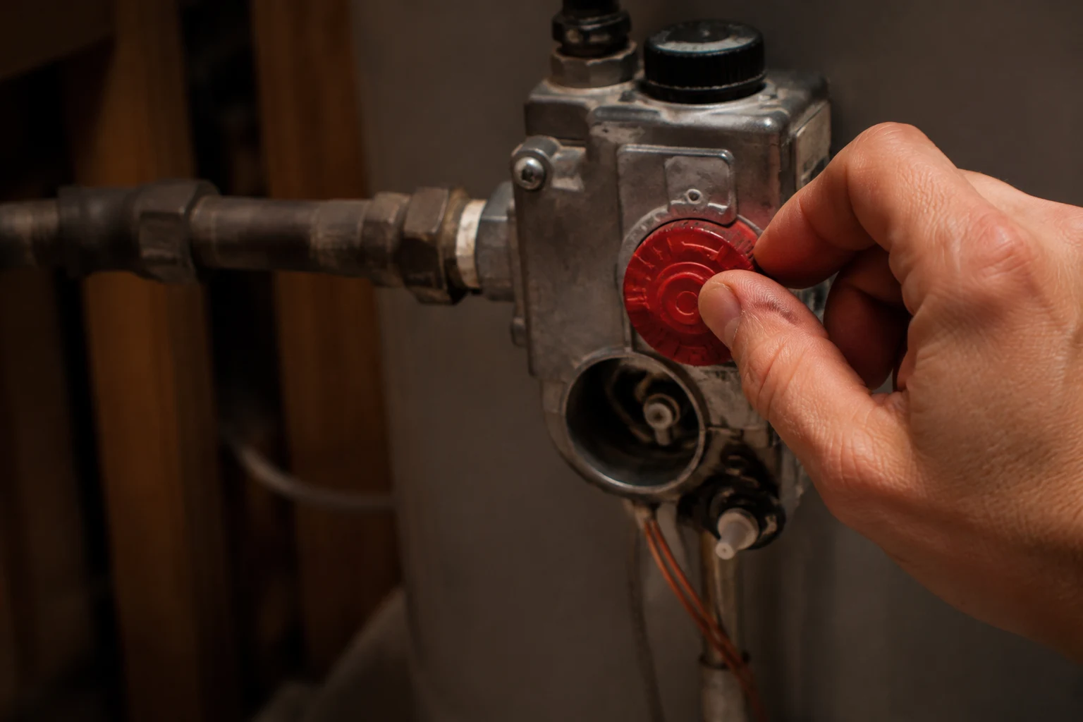 Hand pressing down the gas control knob while a long match reaches the pilot behind the sight window of a water heater