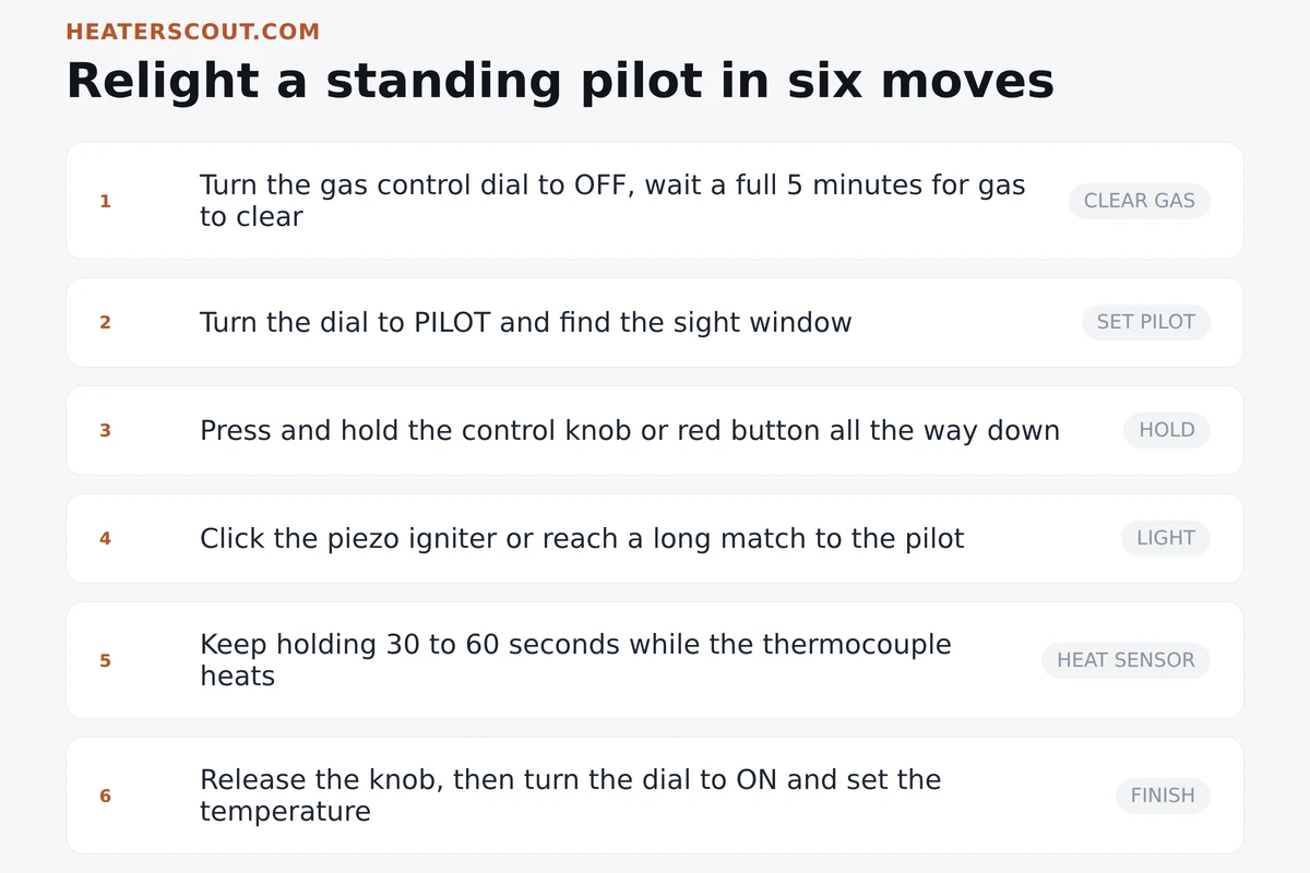 Six-step sequence for relighting a standing-pilot water heater, from clearing gas to turning the dial to on
