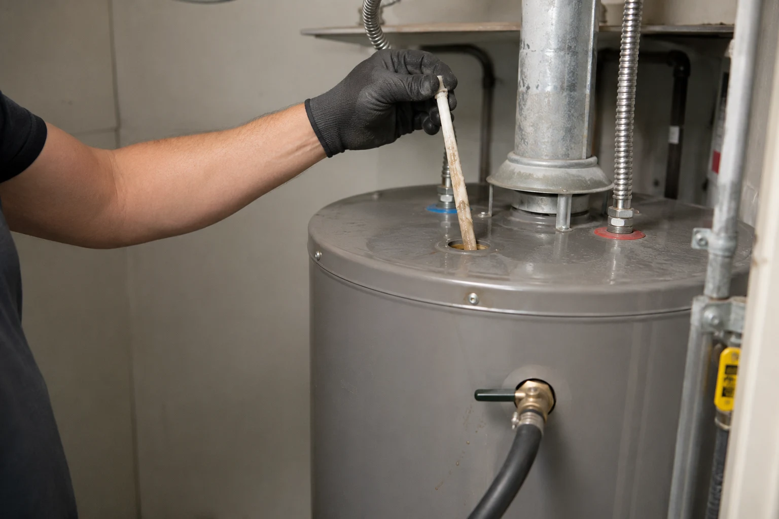 New cross-linked PEX dip tube being lowered into the cold inlet port at the top of a residential water heater with a wrench and a fresh brass nipple staged alongside
