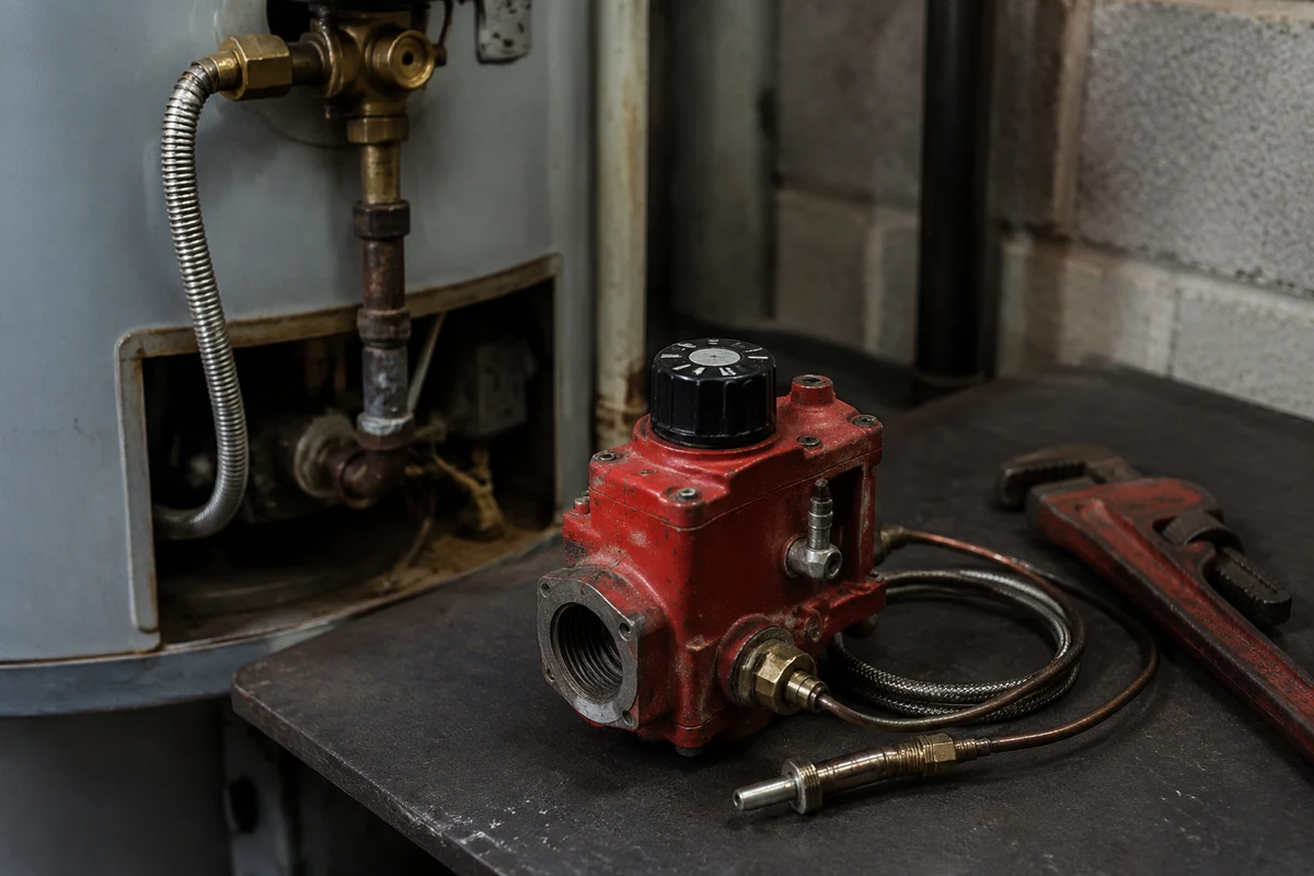 Red gas control valve removed and set on a workbench beside a water heater with the thermocouple lines