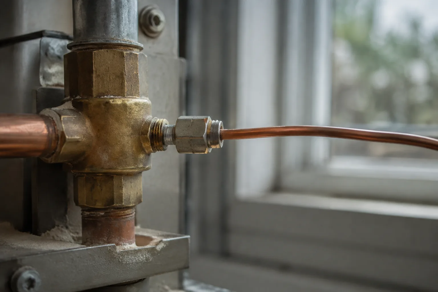 Thermocouple nut being tightened at the gas control valve with an open-end wrench