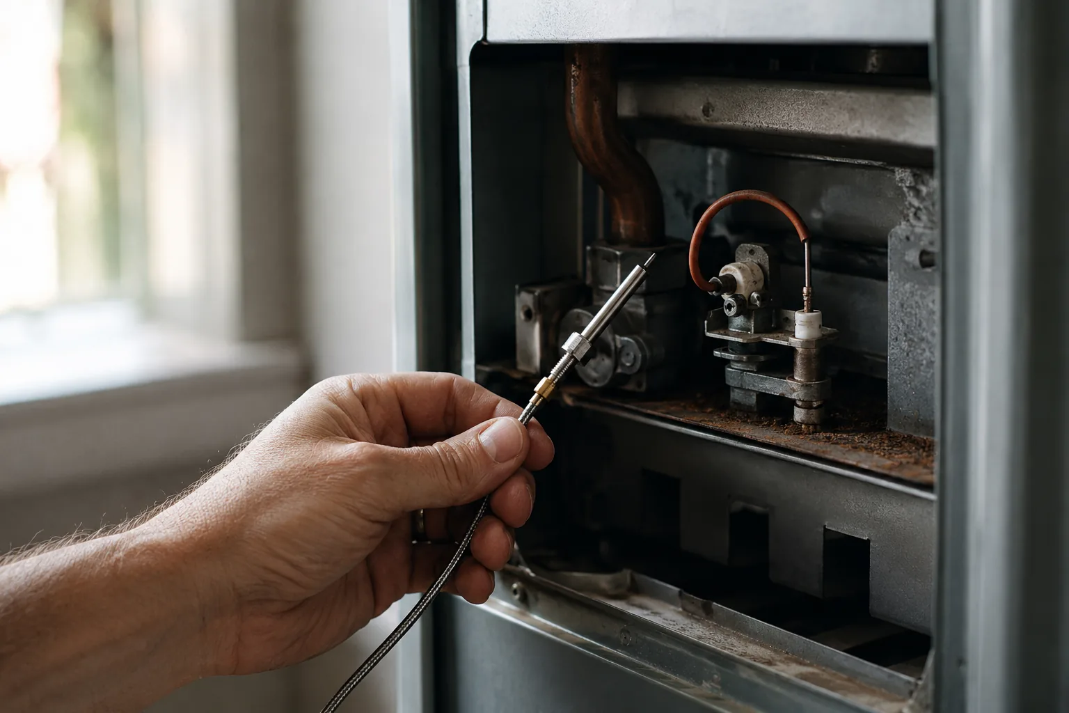 Hand holding a new water heater thermocouple next to the gas control valve
