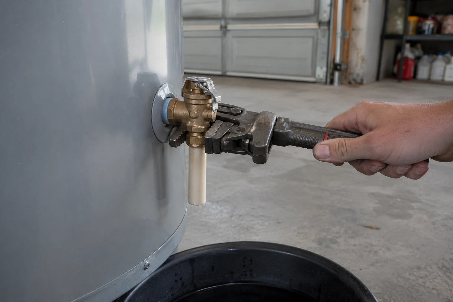 A hand using a pipe wrench to unscrew an old brass T&P valve from the top port of a residential water heater, with the manual test lever visible and a bucket positioned to catch residual water