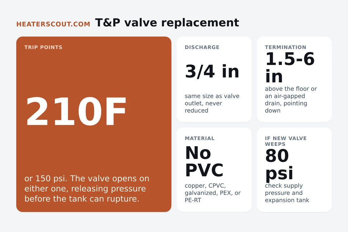 Diagram of a residential water heater T&P valve replacement showing the valve threaded into the top of the tank, the manual test lever, and a 3/4 inch discharge pipe running downhill to between about 1.5 inches and 6 inches above the floor with an open air-gapped termination pointing down