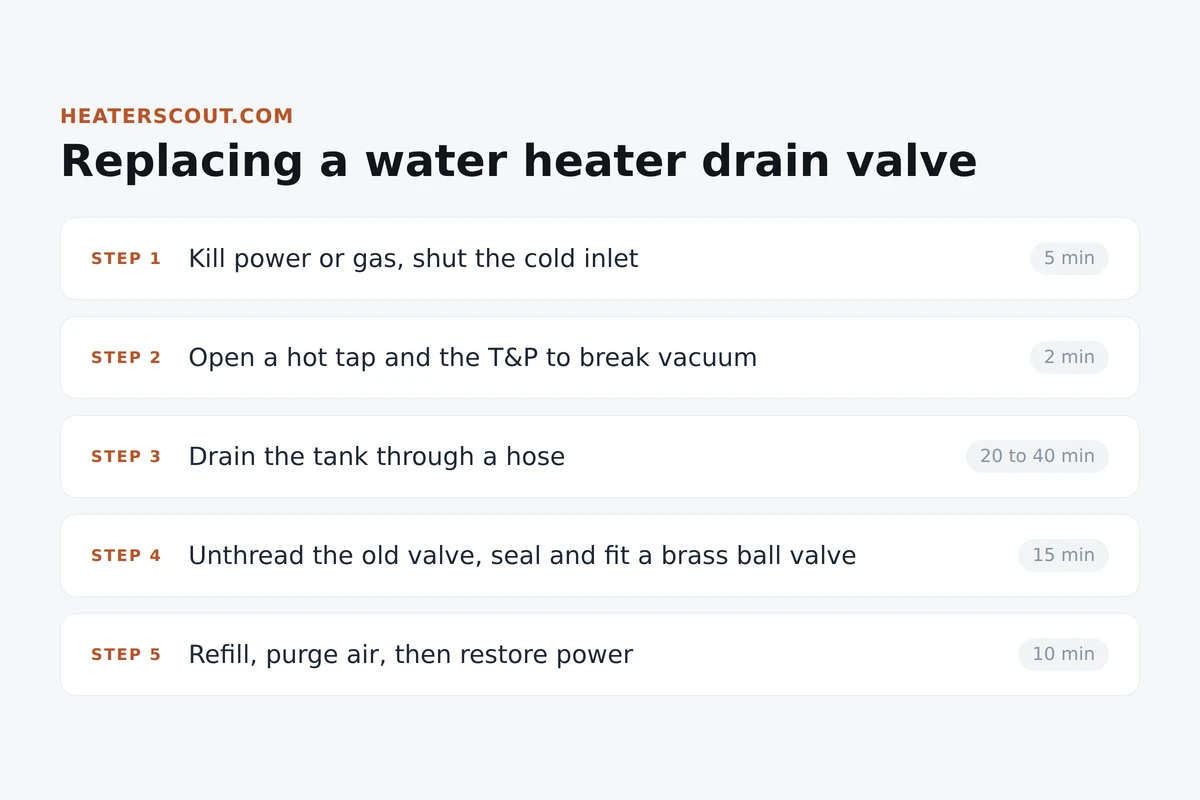 Five-step sequence for replacing a water heater drain valve, from killing power to purging air and restoring power