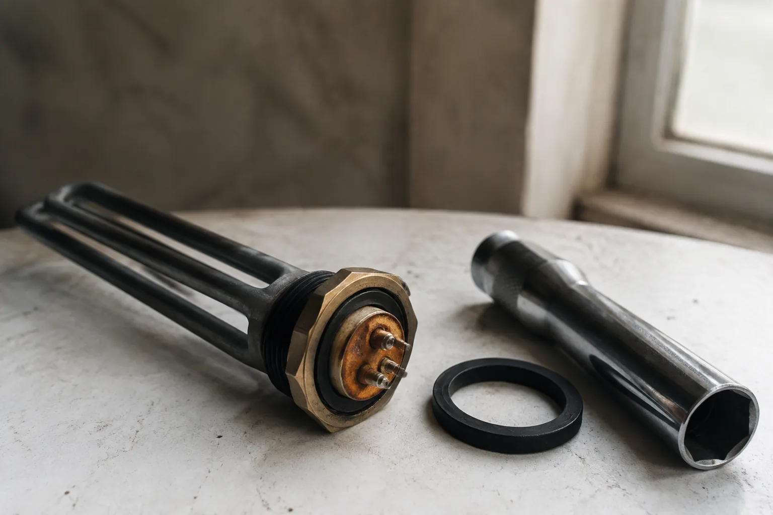 An element wrench and the four-bolt flange element beside the access panel of an electric water heater