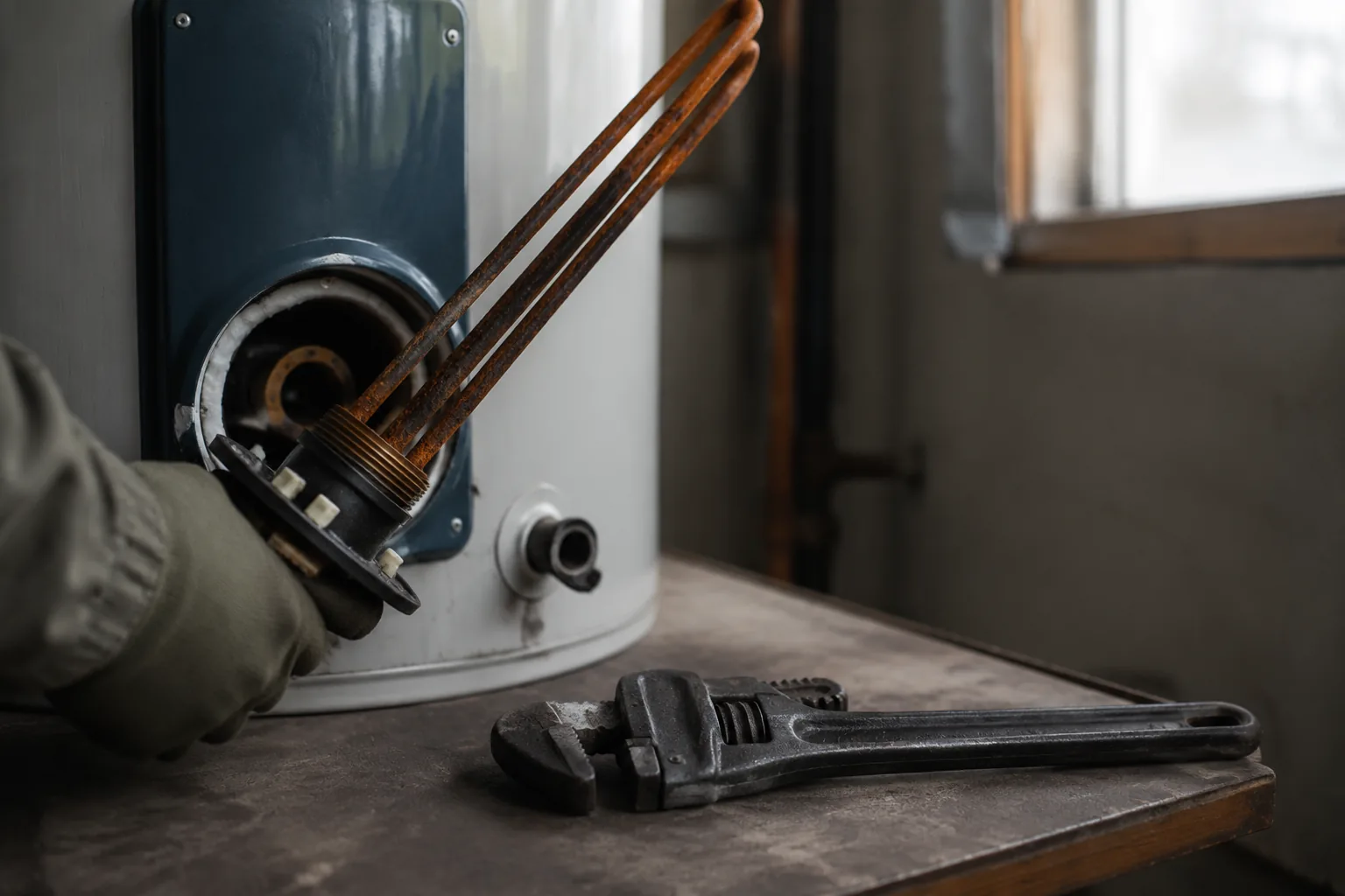A water heater heating element being removed from the tank with an element wrench