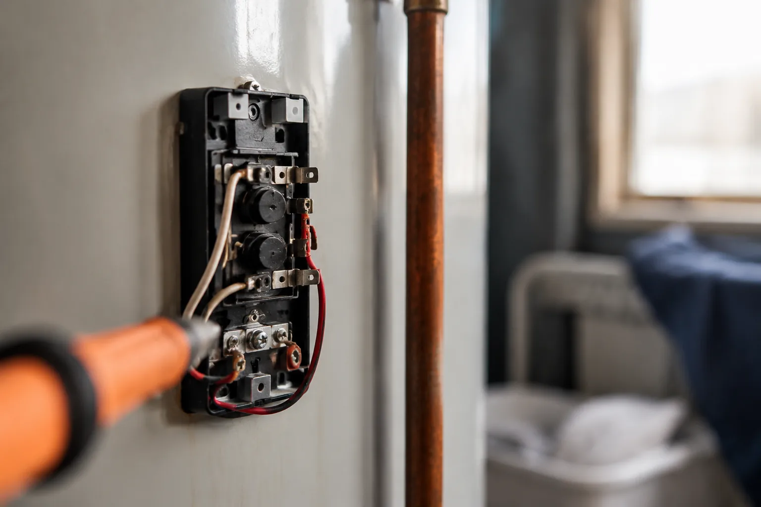 Multimeter reading zero volts at water heater thermostat terminals before removing wires