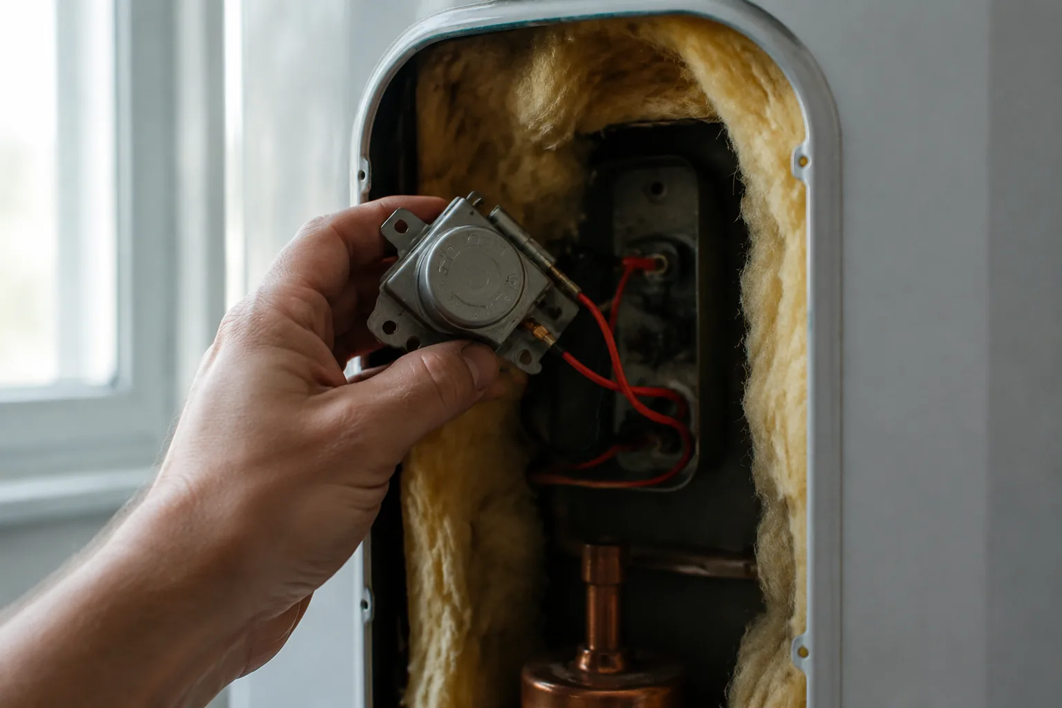 Hands replacing the upper thermostat on an electric water heater with the access panel removed