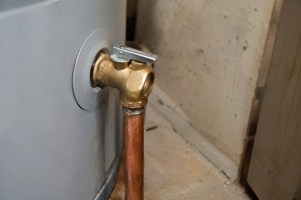 Temperature and pressure relief valve with copper discharge pipe on the side of a water heater tank