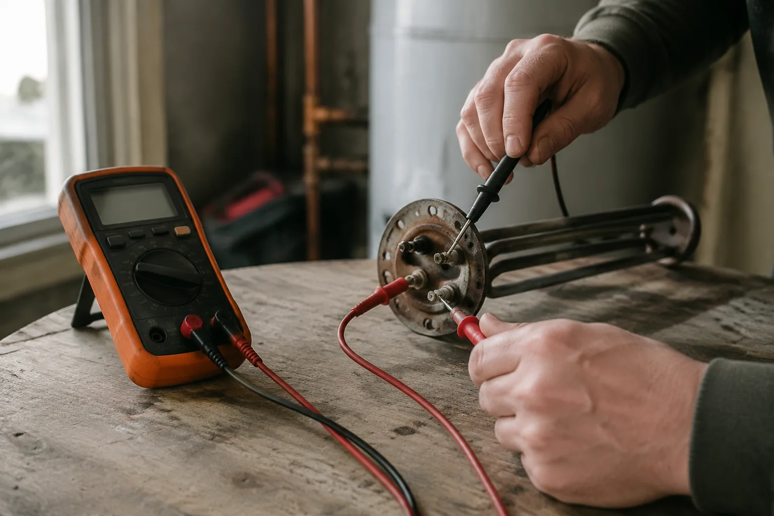 A multimeter set to ohms with its leads on the two terminals of a water heater element