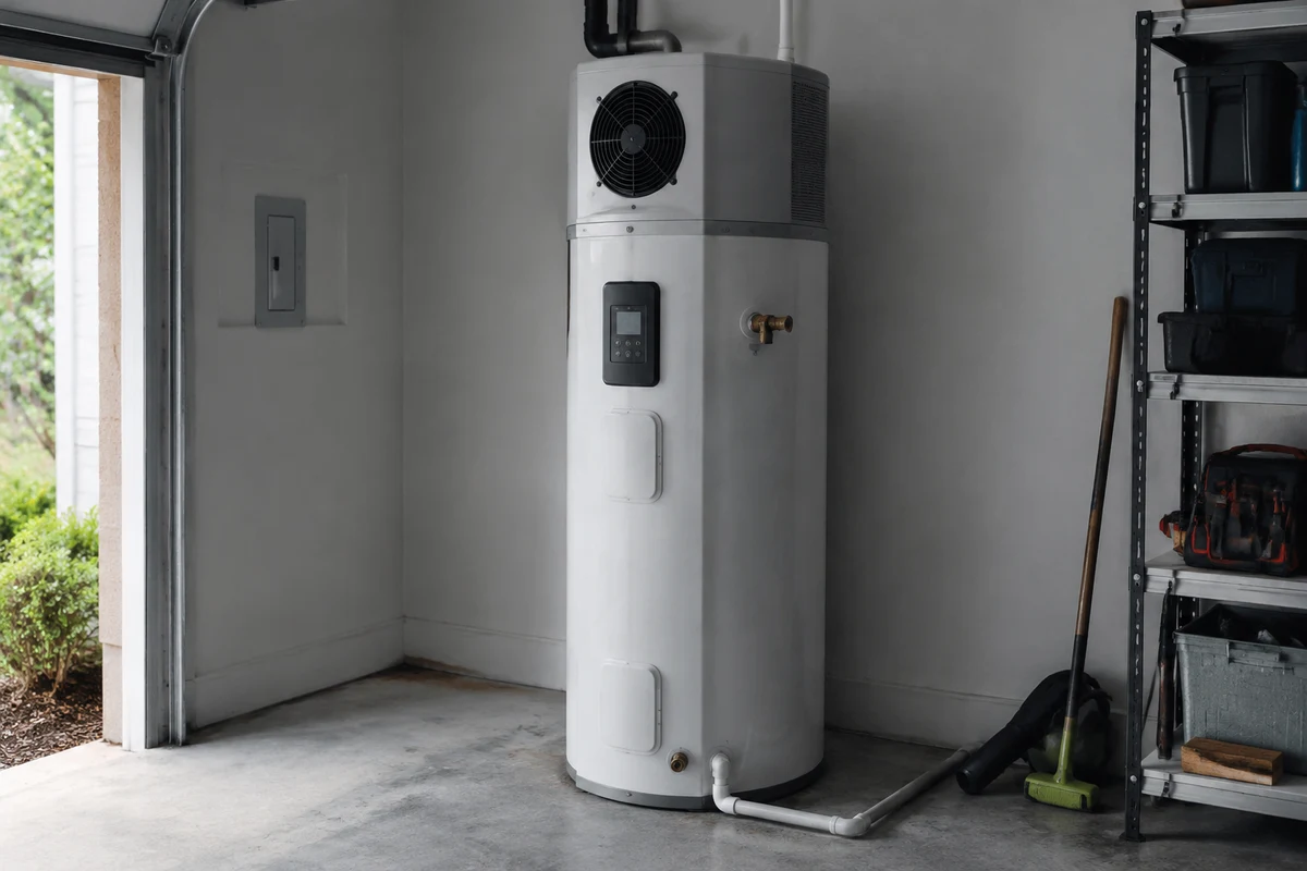 Hybrid heat-pump water heater with fan grille and control panel standing in a garage
