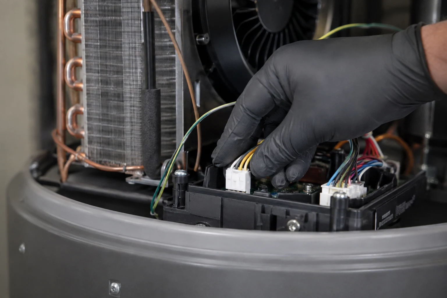 The open top electrical bay of a hybrid heat pump water heater showing the control board and the thin two-wire temperature sensor connectors that get reseated to clear a sensor fault code