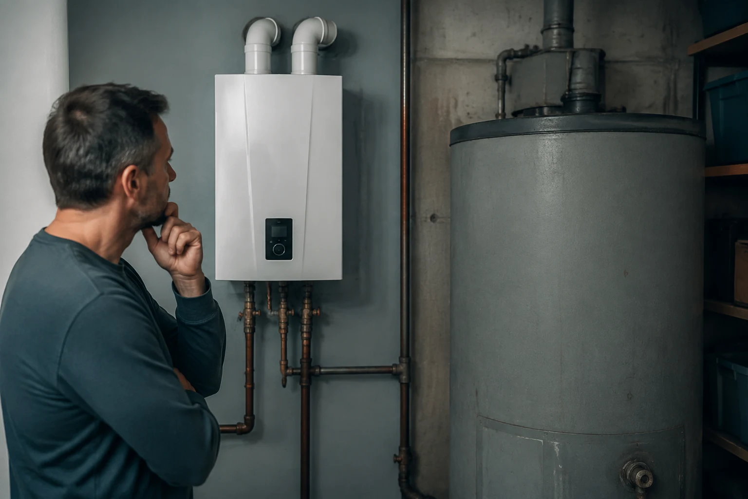 A wall-mounted tankless water heater installed in a garage with gas line, venting, and condensate drain visible, showing the plumbing and space that decide whether the upgrade is worth it