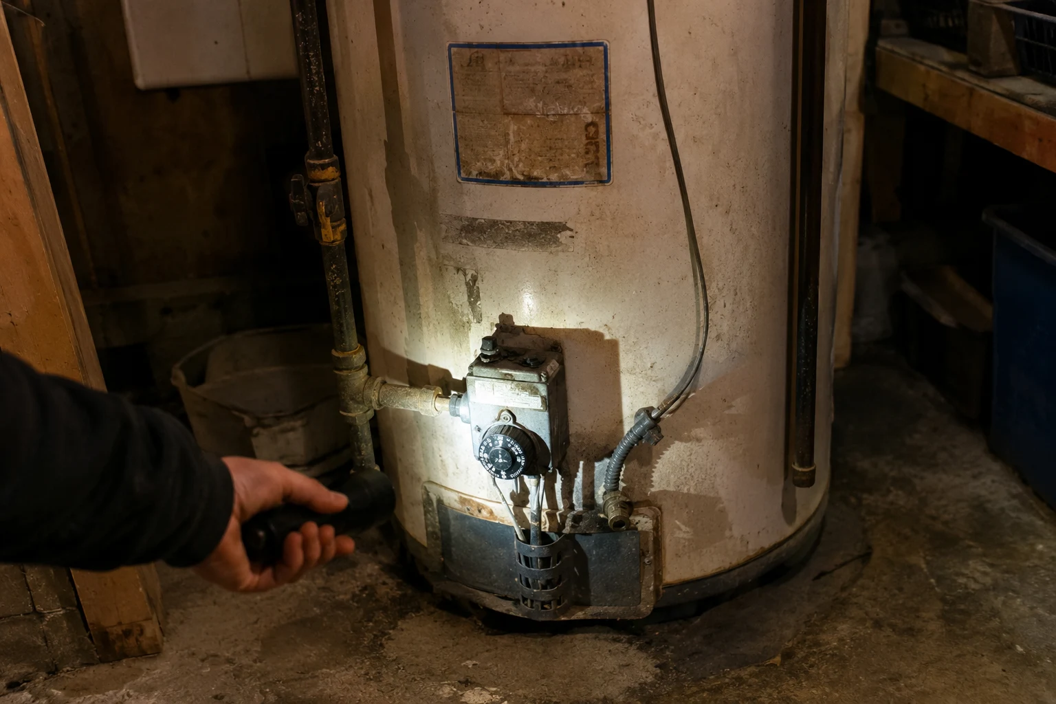 The rating plate and gas control valve status light on an older Kenmore gas water heater, showing the Sears 153. model prefix and the manufacturer name that identifies the actual builder