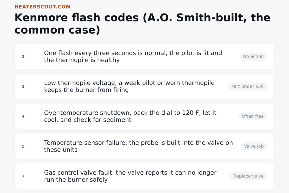 Kenmore water heater status-light flash-code chart for the common A.O. Smith and State built case, showing 1 flash normal and 2, 4, 5, and 7 flashes as fault codes routed to a part of the gas control valve