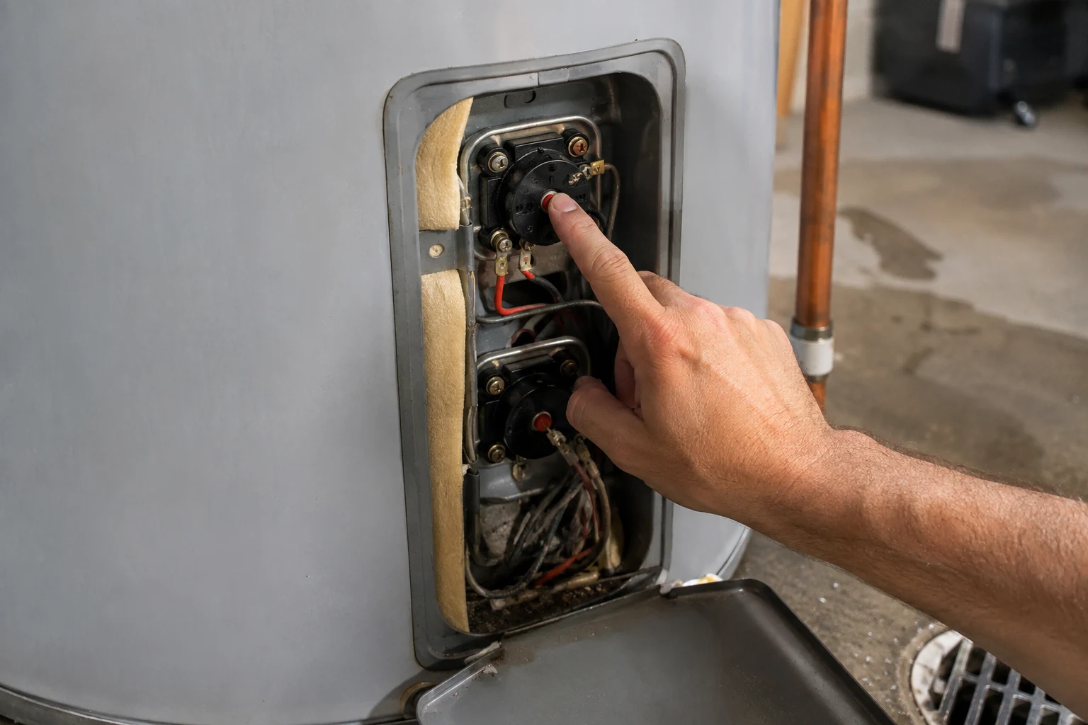 A Kenmore residential storage water heater with the rating plate on the side, the gas control valve and status light at the base, the temperature and pressure relief valve with its discharge tube, and the upper thermostat access panel, the spots a homeowner checks when troubleshooting