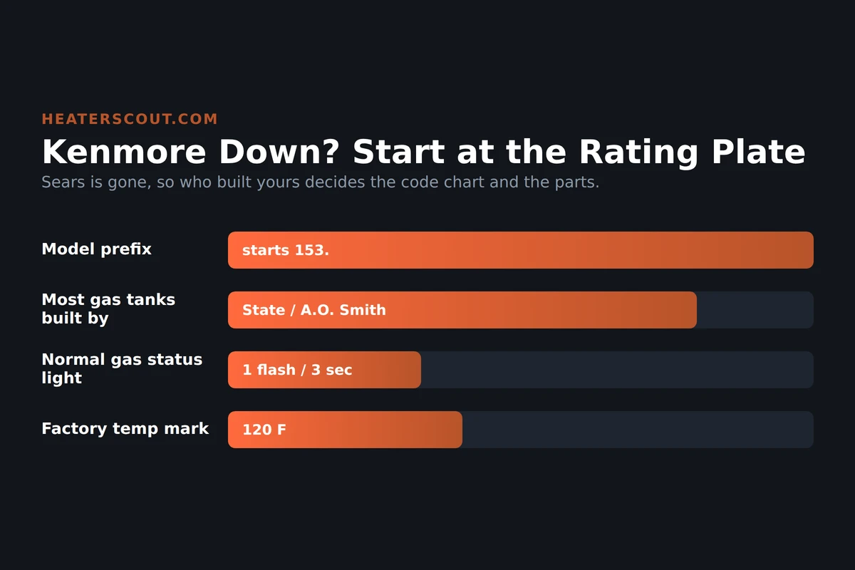 Diagnostic overview for a Kenmore tank water heater showing the model number starts with 153 as the Sears source code, most gas tanks were built by State Industries or A.O. Smith, one status-light flash every three seconds is normal on gas units, and the factory temperature mark is 120 degrees