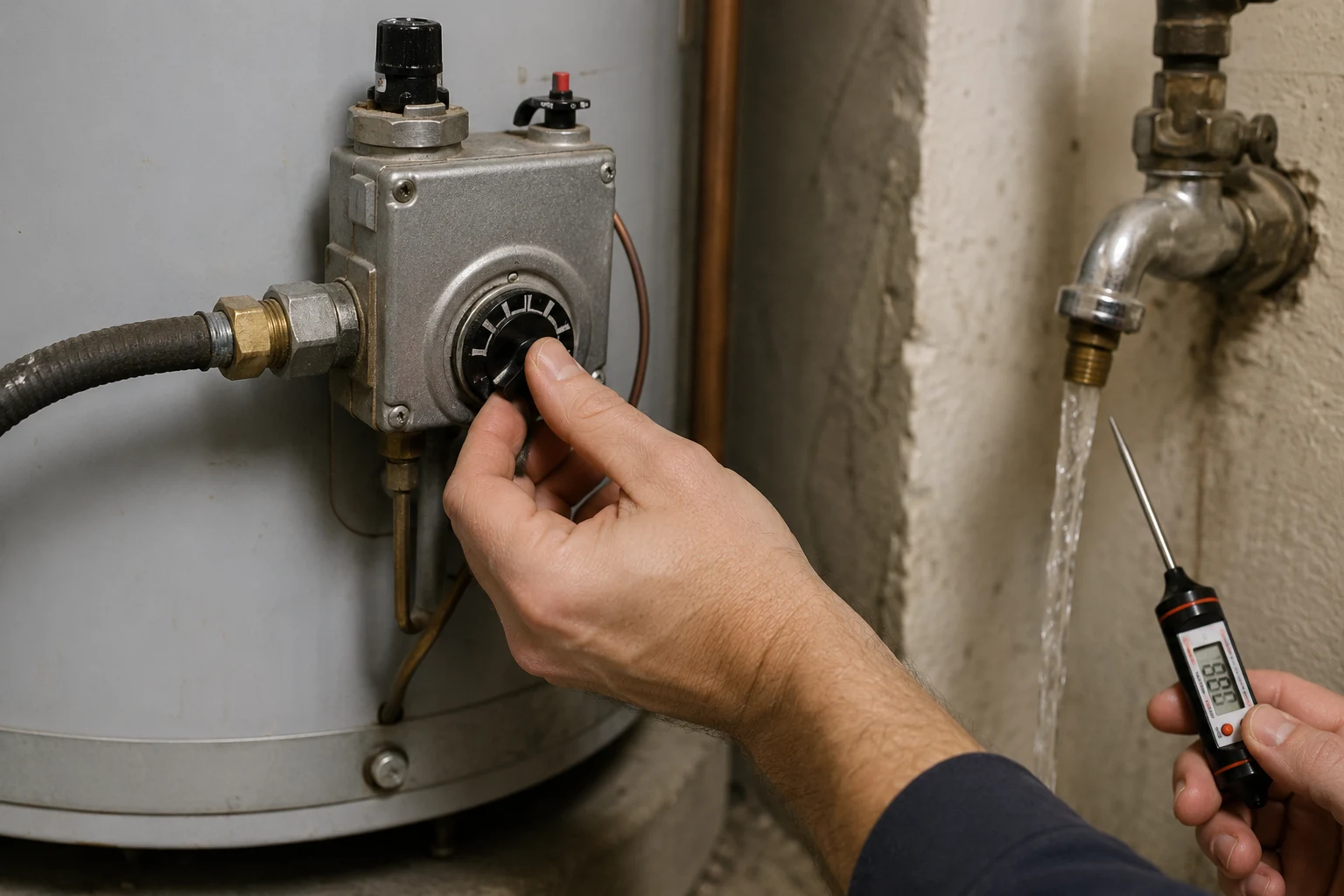A thermostatic mixing valve installed on the hot outlet of a residential water heater set to 140F
