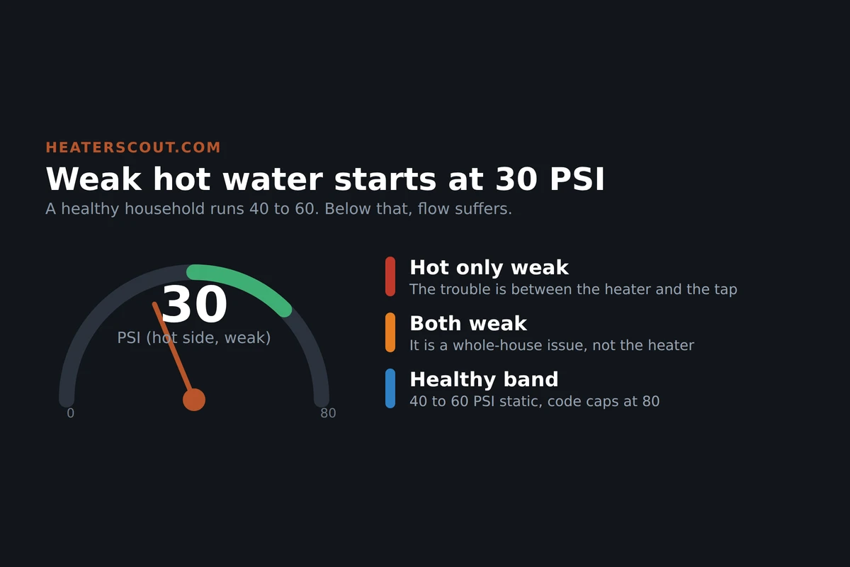 Radial gauge showing weak hot-side pressure at 30 PSI against a healthy 40 to 60 PSI band