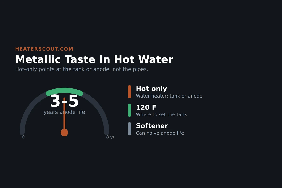 Diagnostic map for metallic taste in hot water showing hot-only pointing at the water heater tank and anode rod versus both-taps pointing at the house plumbing and supply