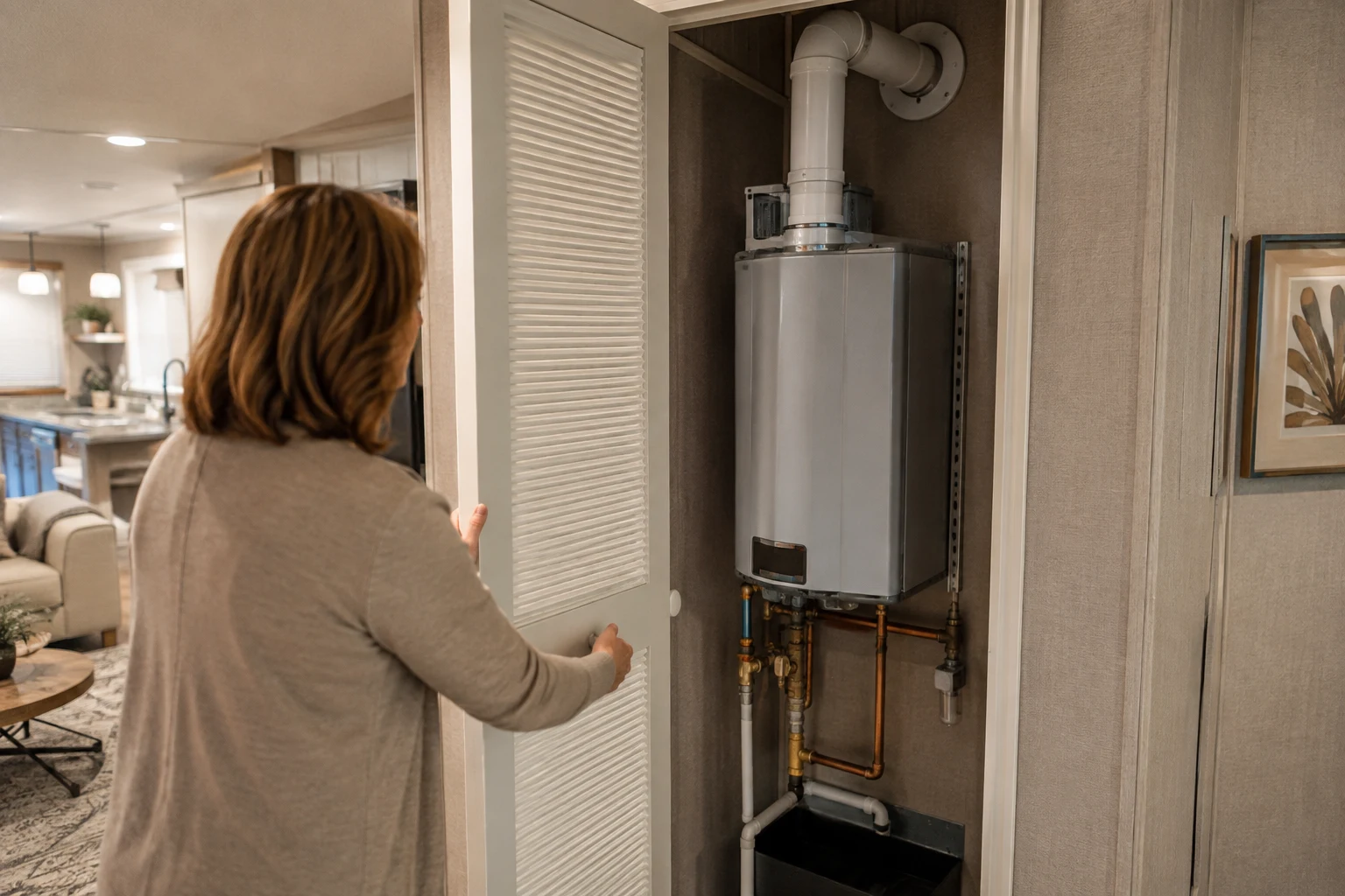 A water heater installed in a narrow mobile home closet with a direct sidewall vent, a securing strap, and the data plate showing a manufactured housing listing