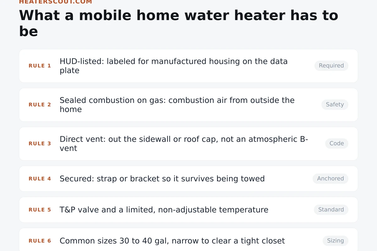 Card chart of mobile home water heater requirements: HUD listing, sealed combustion, direct sidewall venting, securing strap, T and P relief valve, and 30 to 40 gallon sizing