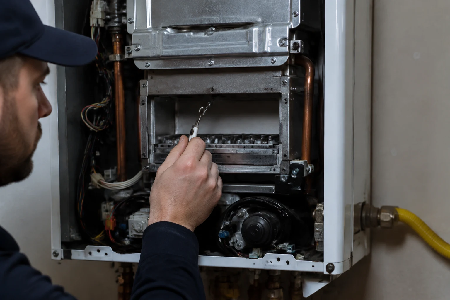 Technician measuring gas pressure at a Navien tankless water heater with a manometer