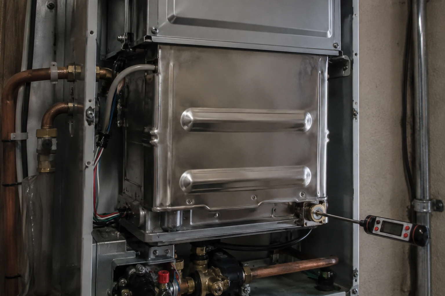 A tankless flush pump and bucket of vinegar hooked to the two service valves of a wall-mounted Navien to descale the heat exchanger and clear error code E016