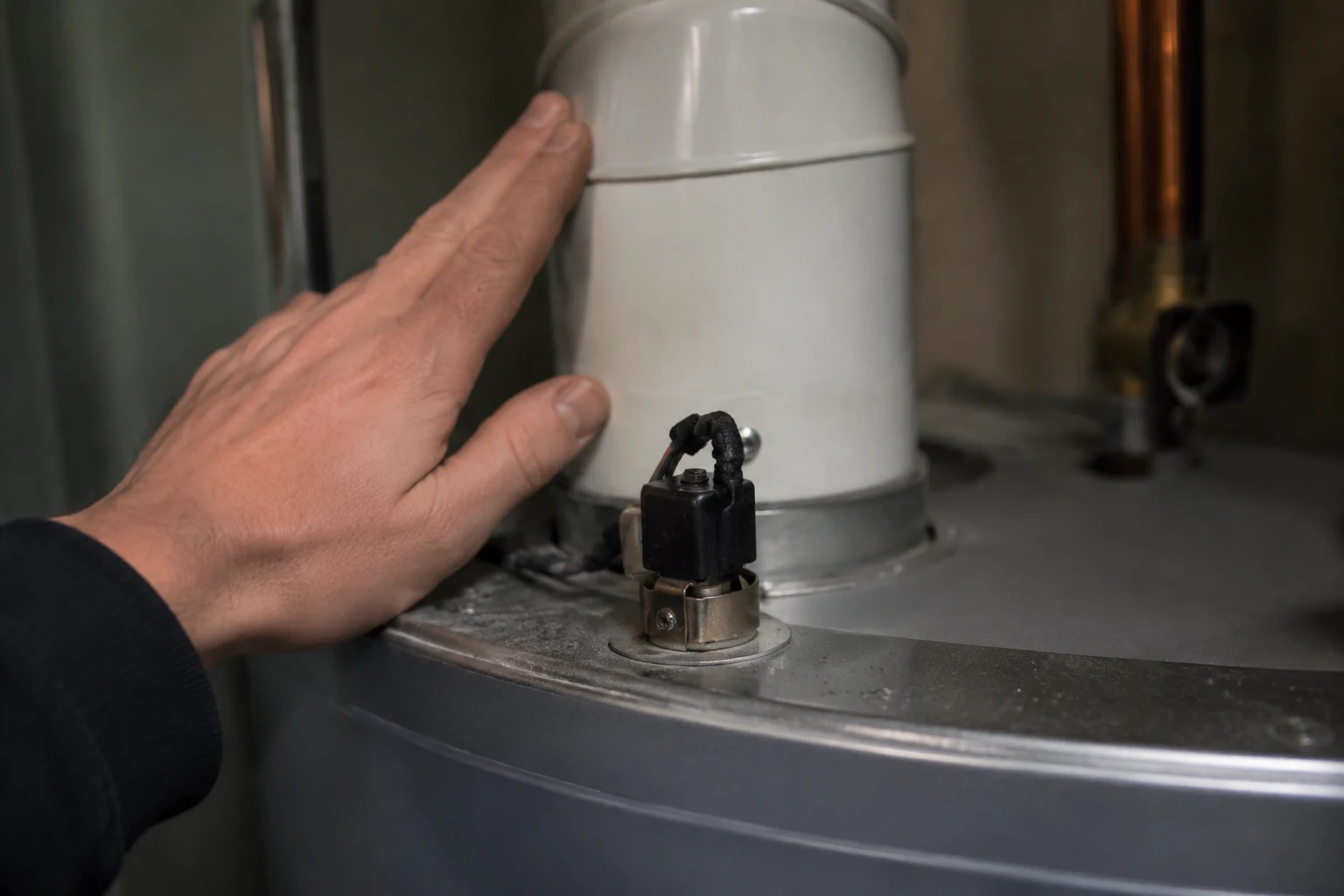 Technician flushing a Navien tankless heat exchanger with a descaling pump to clear the scale causing E030