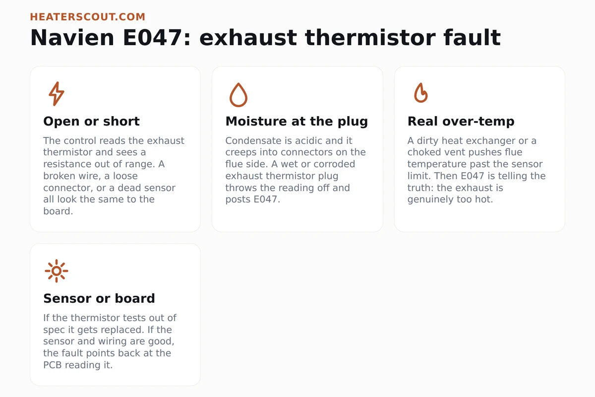 Four causes of Navien E047: open or short at the exhaust thermistor, moisture in the connector, real exhaust over-temp, or a failed sensor or board