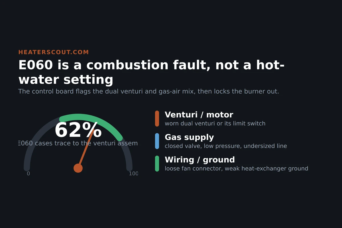 Gauge showing that most Navien E060 faults trace to the dual venturi assembly, with gas supply and wiring as secondary causes