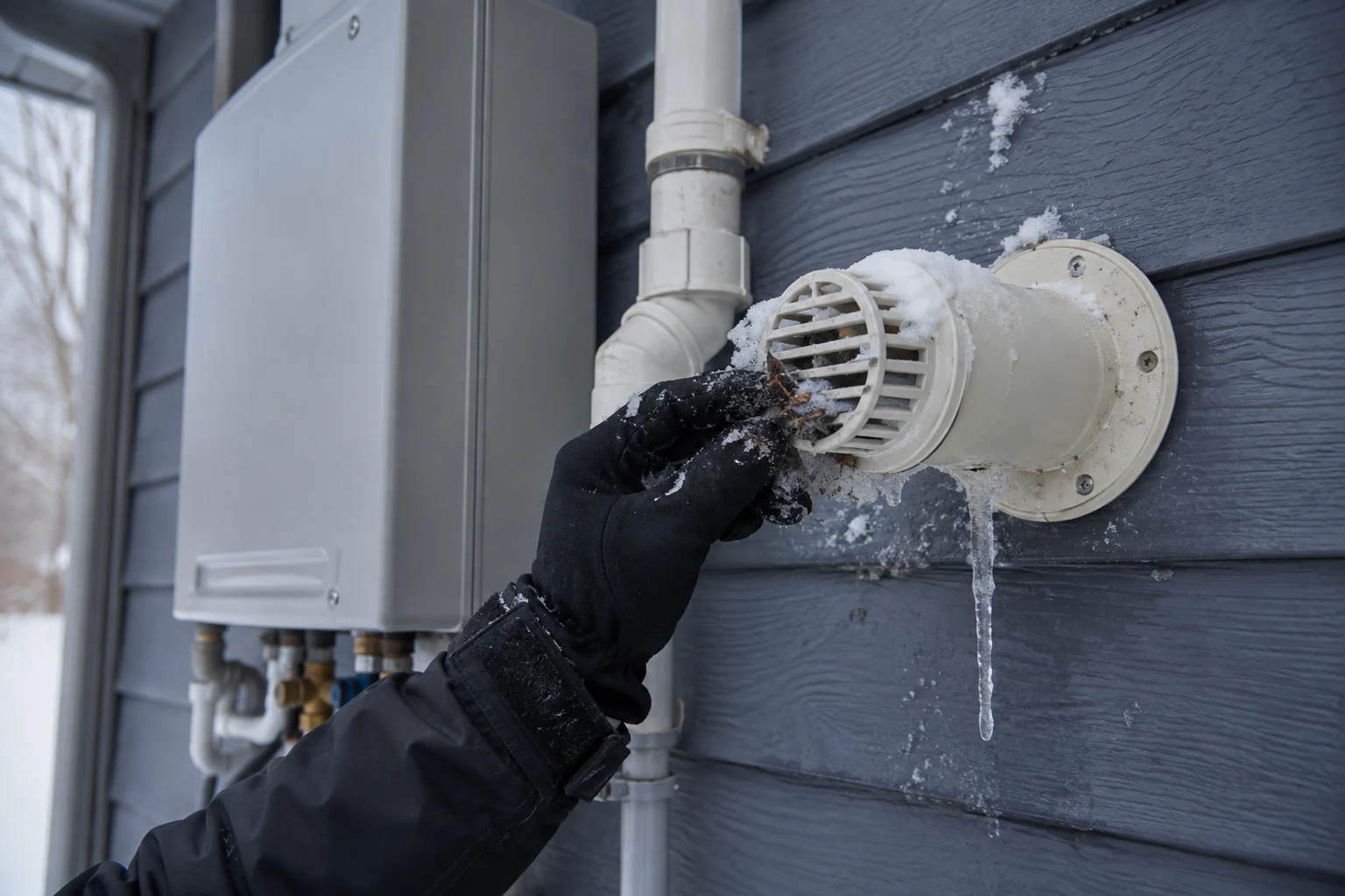 Homeowner clearing snow and ice from a Navien tankless exterior vent and intake terminal on an exterior wall in winter