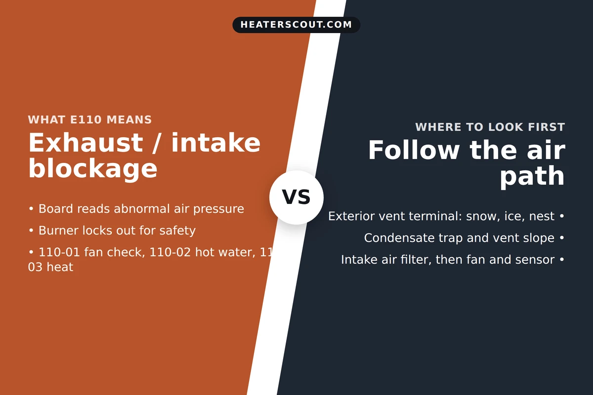 Split diagram of Navien E110: left panel explains the exhaust and intake blockage lockout and its sub-codes, right panel shows where to look starting at the exterior vent terminal