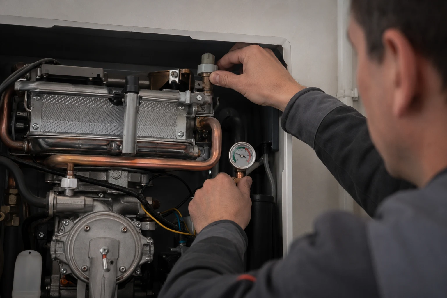 A homeowner reading the heating pressure on a Navien NCB combi boiler front panel while checking the cold water isolation valve