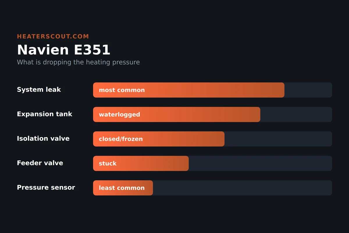 Bar-chart infographic ranking the likely causes of Navien error code E351, from a system leak and waterlogged expansion tank down to a closed isolation valve, stuck feeder valve, and pressure sensor