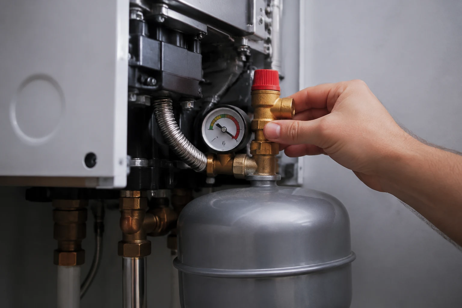 A heating-loop pressure gauge on a Navien NCB combi boiler reading well above the normal 15 PSI band, with the expansion tank visible alongside