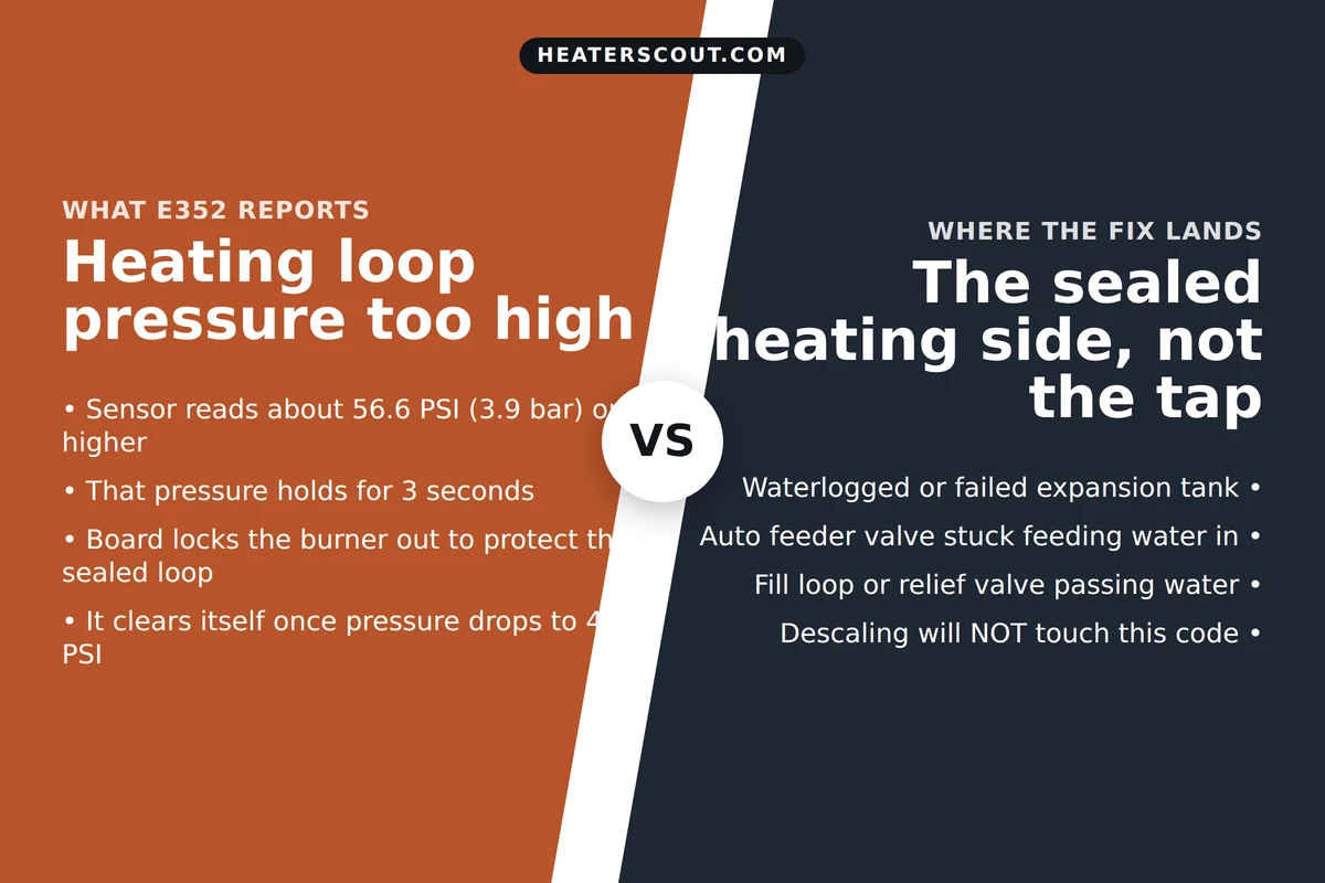 Split infographic explaining Navien error code E352, showing the code means high heating-loop pressure of about 56.6 PSI and that the fix lands on the expansion tank and feed valves, not the tap side