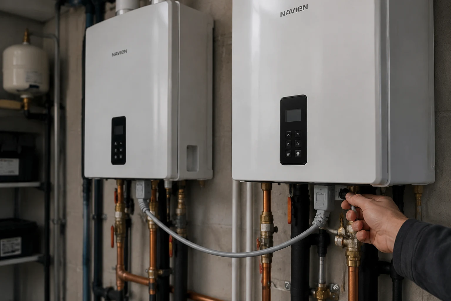 Technician checking the Ready-Link communication cable and RJ45 connectors between two cascaded Navien tankless units