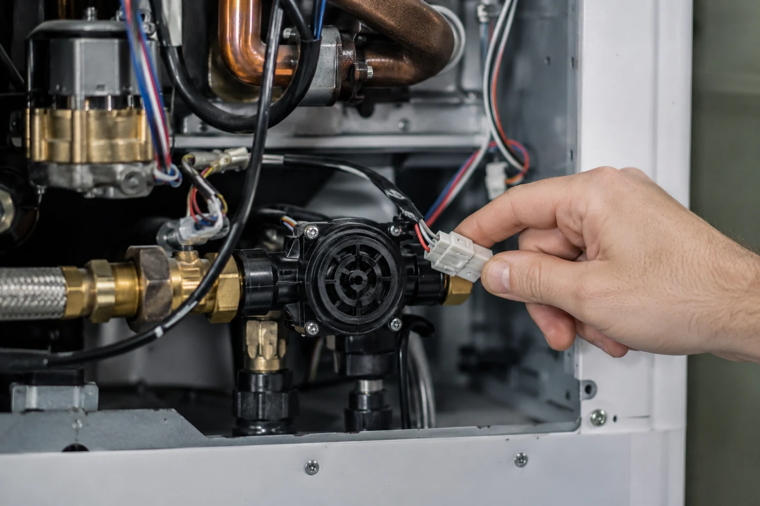 Outlet thermistor and its two-wire connector on the hot water outlet pipe of an open Navien tankless water heater