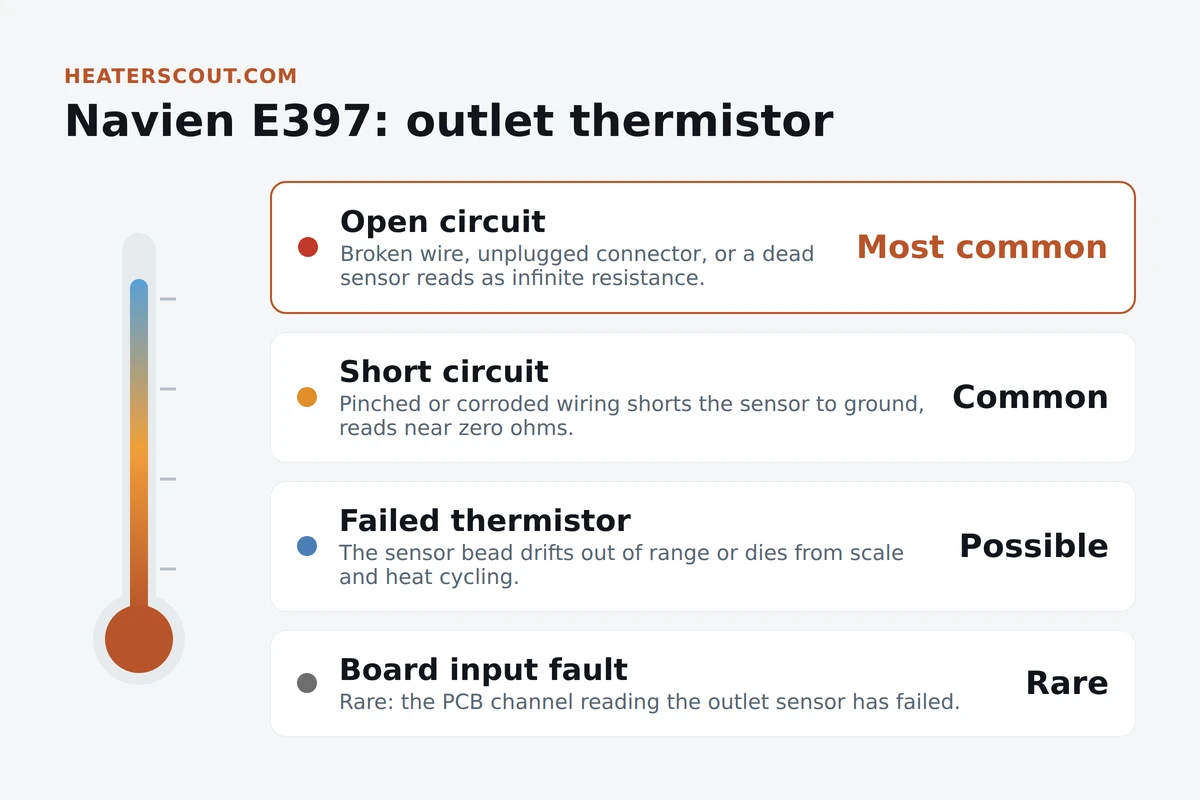 Navien E397 error code explained: outlet thermistor open circuit, short circuit, failed sensor, and board input fault ranked by likelihood